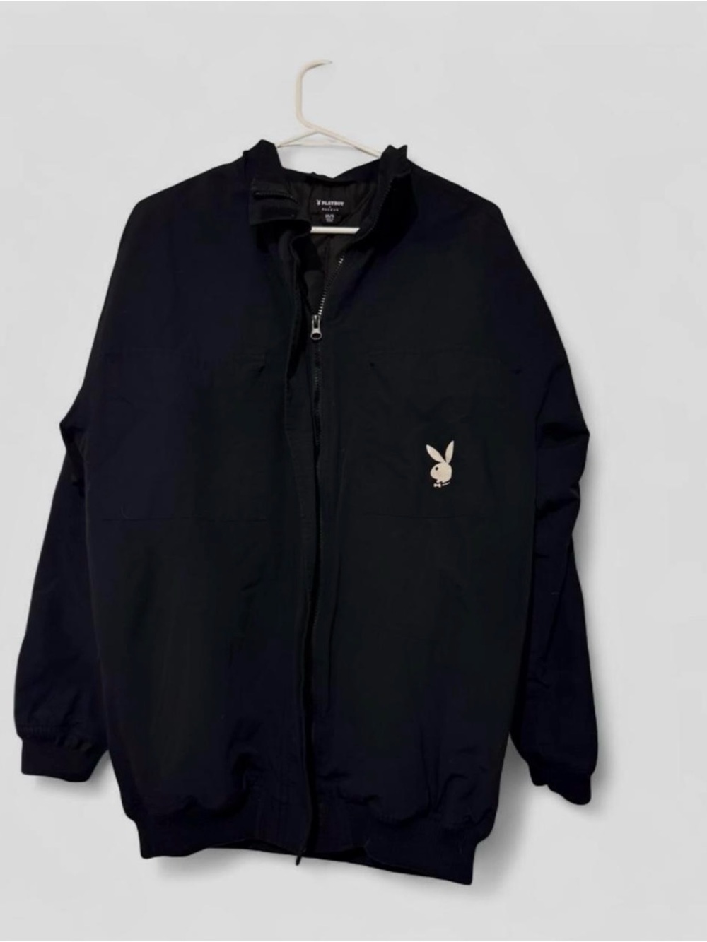 PLAYBOY Black Full-Zip Bomber Jacket with White Bunny Logo